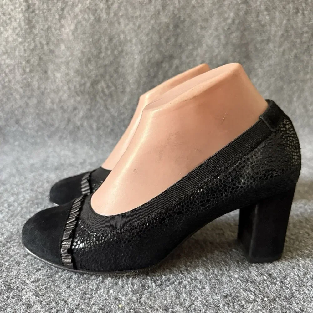 ANYI LU Black Textured Leather Slip-On Block Heel Pump Ribbon Animal Print 7